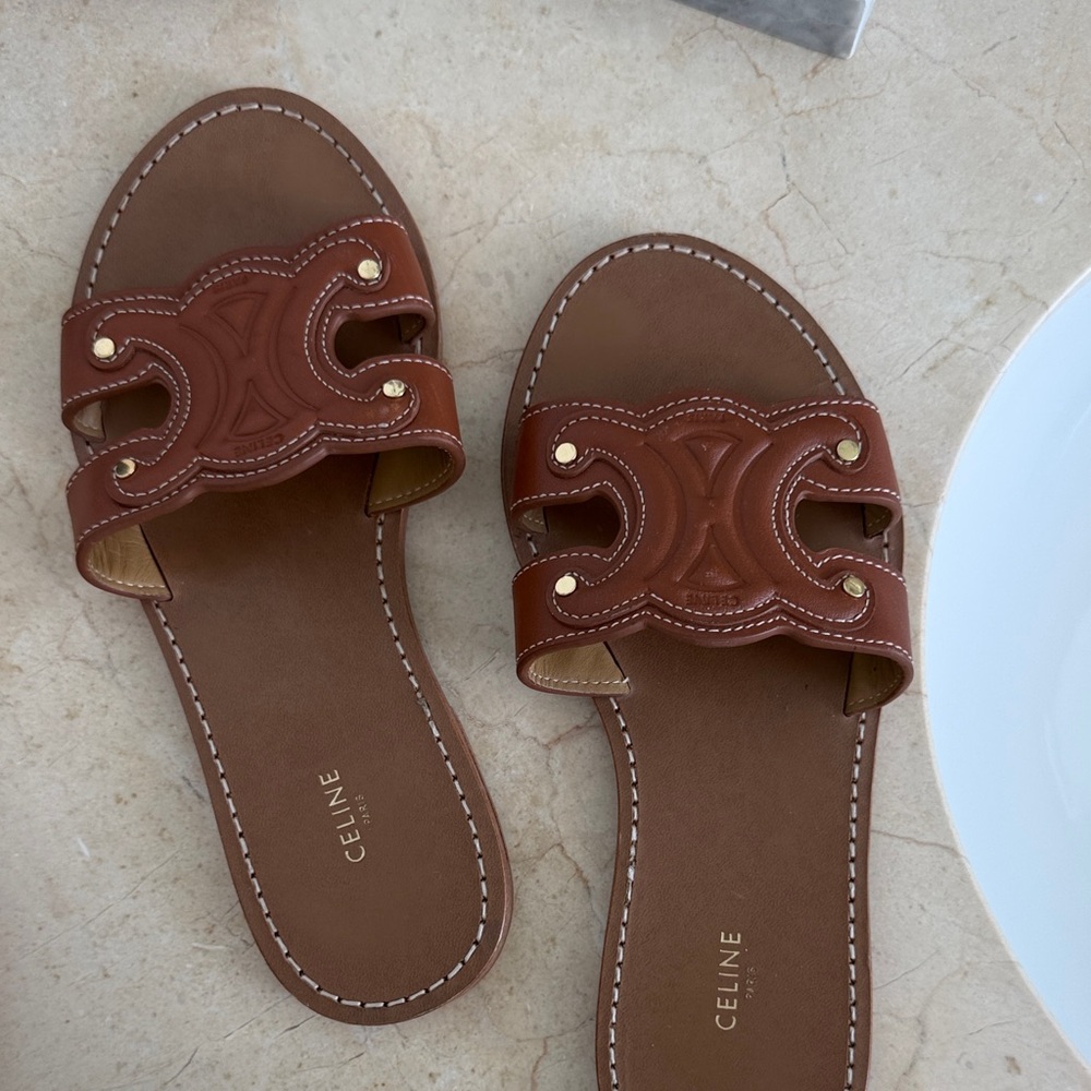 Celine Brown Leather Slide Sandals - Women